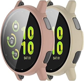Intended for Garmin Vivoactive 5 Screen Protector with Tempered Glass Film Hard PC Bumper Full Cover Shell Smartwatch Accessories for Garmin Vivoactive 5 Case (Pink&Apricot)