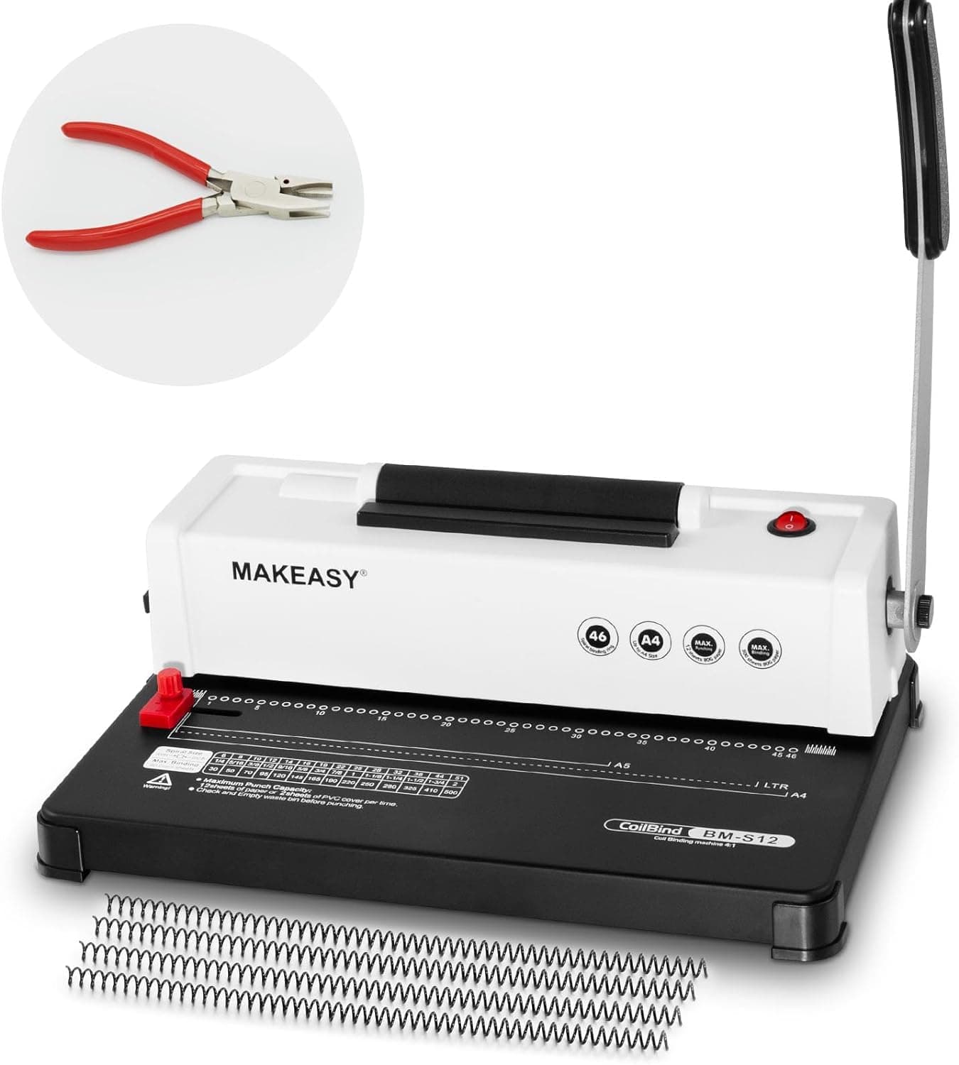 MAKEASY Spiral Binding Machine – 12 Sheets Binding Capacity Manual Punch & Electric Insert, for A4/A5/Letter, Side Margin Adjust, with 100 Coils & Pliers