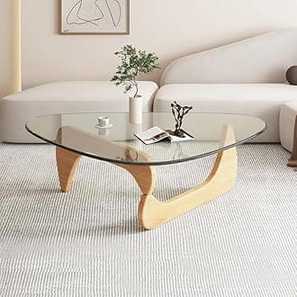 Triangle Coffee Table Modern Noguchi End Table, Solid Wood Base and 8mm Thick Tempered Glass Top Accent for Living Room Office Hotel Patio (Natural Wood Legs + Transparent Glass, 36 * 26 * 16)