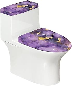 Purple Gold Marble Toilet Lid & Tank Covers Set of 2 Toilet Seat Cover Protector for Bathroom Elongated Lids Elastic Edge