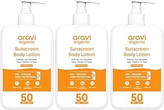 Aravi Organic Oil-Free Sunscreen Body Lotion SPF 50 PA++++ | (In-Vivo) Dermatologically Tested | Lightweight & No White Cast | UVA/UVB & Blue Light Protection | Niacinamide & Hyaluronic Acid | Sunscreen For Oily & Dry Skin | Pack Of 3
