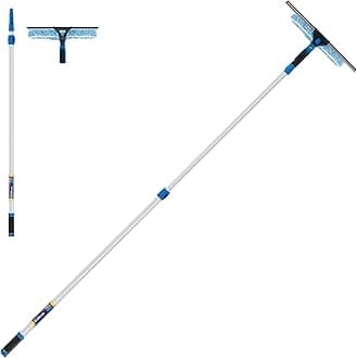 Professional 14" Window Cleaning Tool: 2-in-1 Microfiber Scrubber and Squeegee with 8' Connect & Clean Pole