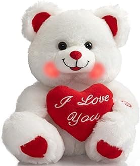 BEJOY Teddy Bear with Heart Plush Bear That Says I Love You and Blushes LED Stuffed Toys for Girlfriend and Kids Valentine's Day 13 inch White