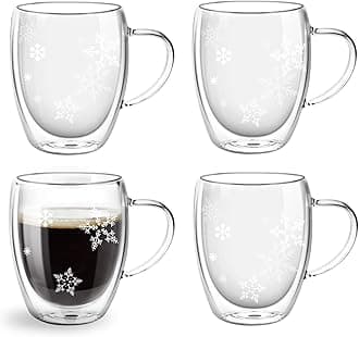 Top-spring 4x350ml Double Walled Glass Coffee Cups, Gift for Christmas Women Men, Insulated Latte Glasses Mugs, Mug Tea Cups, Heat Resistant, Cappuccino Espresso Cup(Snowflakes)