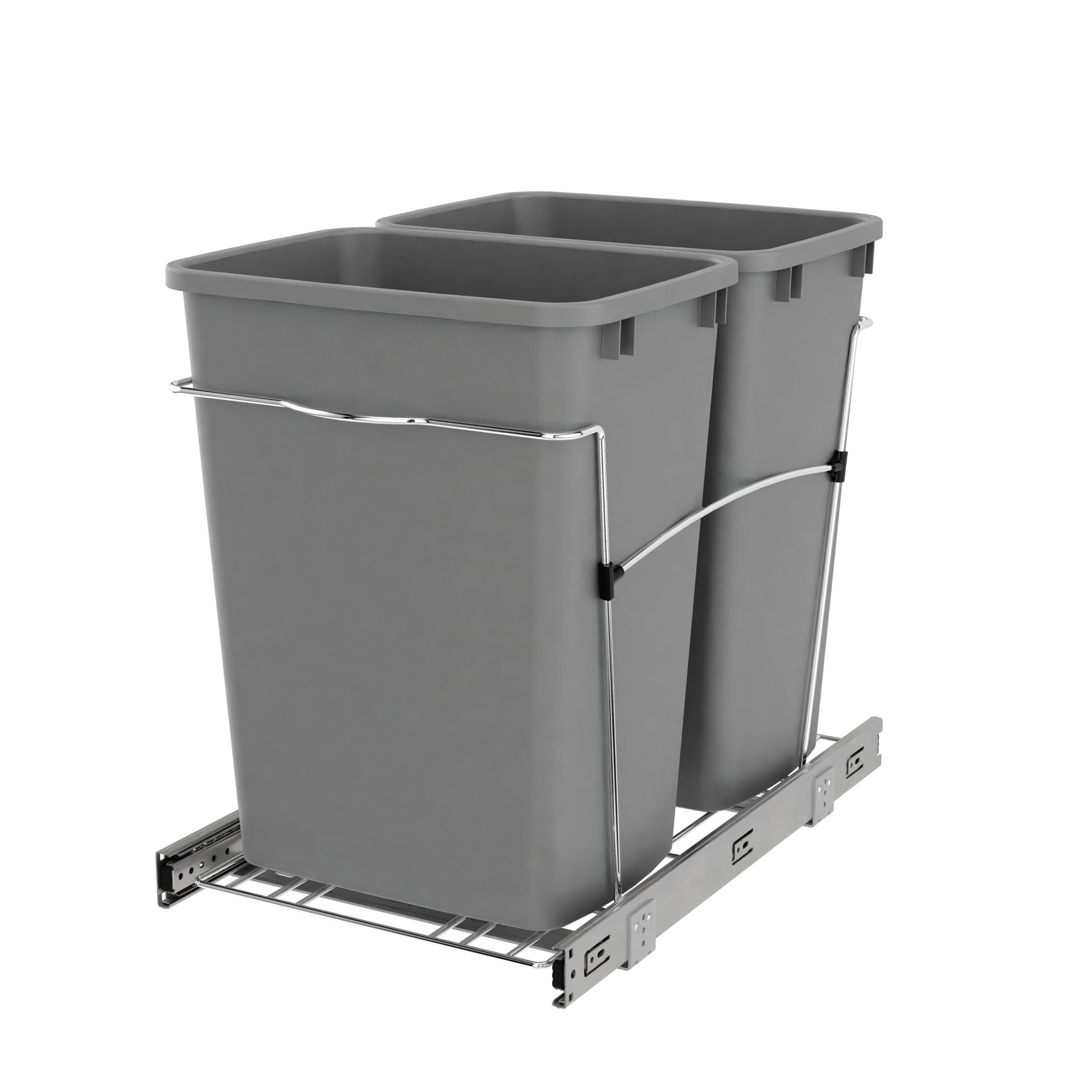Rev-A-Shelf Double Pullout Trash Can for Kitchen Cabinets 35 Qt Garbage Recycling Bin on Full-Extension Slides, Silver, RV-18KD-17C S