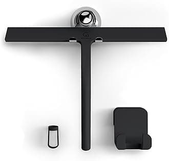 GÜTEWERK shower squeegee black 28 cm - incl. chrome suction cup hook - stainless steel core - silicone rubber squeegees for bathroom cleaning - window screen wiper cleaner glass scraper blade showers
