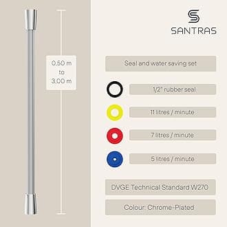 SANTRAS® Shower Hose Premium Chrome 1.25 m Made in Germany with Water Saver - Especially Flexible and Twist-Proof with Flow Limiter - Shower Hose in Stainless Steel Look Made of Easy Clean Material
