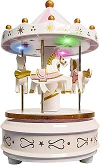 WEofferwhatYOUwant Carousel Music Box – White Horse Merry-Go-Round, Für Elise | LED Light Show | Cake Topper & Room Decor | Twist-to-Play | No Batteries | Gift for Kids | Collectible Keepsake