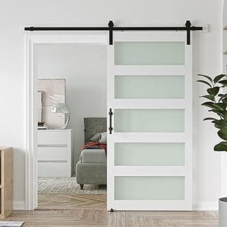 40in x 84in 5-Panel Sliding Glass Barn Door with 7ft Hardware Kit Included, Easy Assembly with Pre-Drilled Holes, Waterproof, Frosted Glass for Bathroom-Fit Max Opening 38in x 82in, White