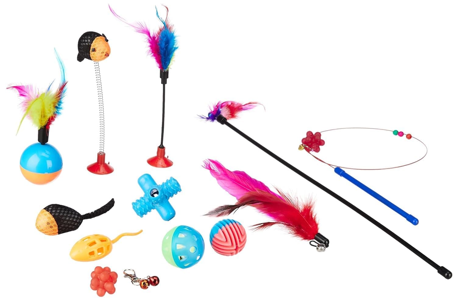 Amazon Basics Cat Toy Set | 13 Interactive Toys | Spring Mouse | Feather Stick | Fishing Rod | Rattling Bells | Playing Balls | Feather Balls | for Kittens & Cats (Multicolour)