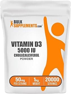 BulkSupplements.com Vitamin D3 Powder - Cholecalciferol, Vitamin D Supplements, 5000 IU - Gluten Free, 50mg (125mcg of Vitamin D3) per Serving, 1kg (2.2 lbs) (Pack of 1)