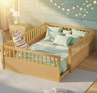 Bellemave Full Size Floor Bed with high Rails for Kids, Girls, Boys, Wood Montessori Floor Bed Without Door, Natural