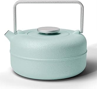 Toptier Teapot with Removable Infuser, Cast Iron Tea Kettle Stovetop Safe, Solid Geometry Cylinder Design Tea Pot Coated with Enameled Interior for 27 Ounce (800 ml), Babyblue