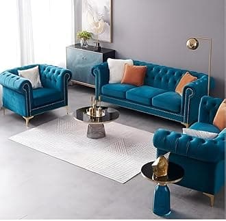 Modern Classic 7 Seater Sofa Set Couch Fabric & Valvet Tufted 3+2+1+1Footrest Chesterfield Sofa Living Room and Office (Teal Green 2)