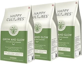 Happy Cultures Grow and Glow Gummies for Hair Growth, Skin Glow, Strong Nails Contains Biotin, Probiotics, Hyaluronic acid, Collagen, No Added Sugar - Orange Flavor, 90 Gummies (Pack of 3)