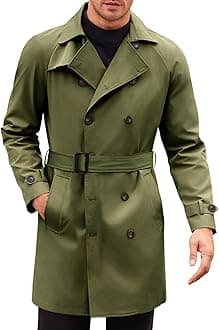 Runcati Mens Trench Coat Double Breasted Mid Long Jacket Casual Belted Overcoat Notched Lapel Windbreaker