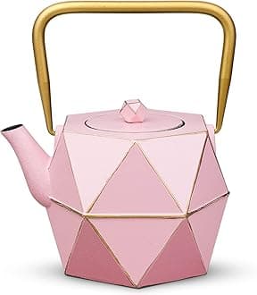 Cast Iron Teapot, Stovetop Safe Japanese Cast Iron Tea Kettle, Diamond Design Tea Pot with Removable Infuser for Loose Tea, 30 Ounce (900 ml), Pink