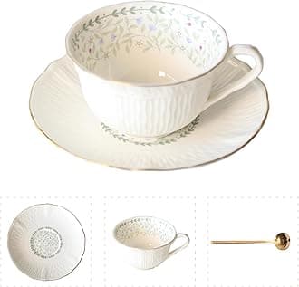 Vintage Floral Porcelain Tea Cup and Saucer Set with Spoon, Gold Trim, 6.4 oz – Set of 1, Light Blue – Tea & Espresso & Coffee Cups (1, Light Blue)