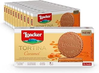 Tortina Caramel - Individually Wrapped Premium Milk Chocolate Enrobed Crispy Wafer Tartlets with Caramel Cream Filling - Pack of 12