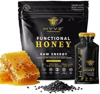 HYVE Functional Pre-workout Honey – Caffeine Free Raw Energy Packets with Organic Cordyceps Mushrooms, Volcanic Sea Salt & Organic Honey – Energy Boost with Natural Adaptogens, Pack of 15 Sachets, Sweet & Salty