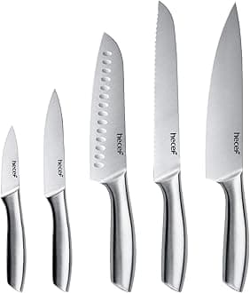Premium Kitchen Knife Set of 5, Satin Finish Blade with Hollow Handle, Includes 8" Chef, 8" Bread Knife,8" Santoku,5" Utility & 3.5" Paring Knife