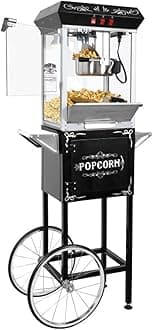 Foundation Popcorn Maker Machine with Cart - 8oz Stainless Steel Kettle Makes up to 48 Cups - Movie Theater Style Vintage Popcorn Machine Cart on Wheels by Great Northern Popcorn (Black)