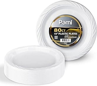PAMI Premium Disposable Plastic Plates 10'' [Pack of 80]- White Party Plates For Dinner Desserts Appetizers- Heavy-Duty Microwavable Plates In Bulk For Any Occasion- Elegant Plastic Dinnerware Set