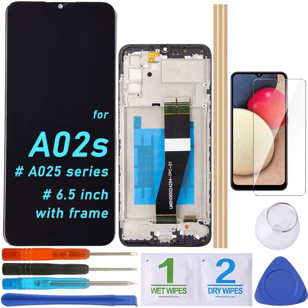 LCD Screen Replacement Touch Display Digitizer Assembly with Frame for Samsung Galaxy A02s A025 SM-A025F SM-A025M 6.5'' (NOT for A025G / M02S), Black