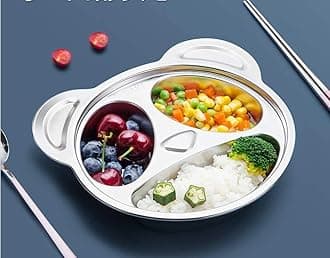 Stainless Steel Divided Meal Plate Tray-3 Compartments Dinner Dish For Baby- Toddler- Kids Eating Food- Bear Shaped