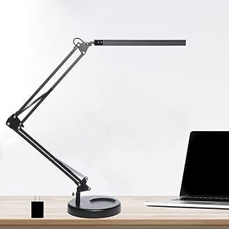 LED Desk Lamp with Clamp and Round Base, Swing Arm Eye Caring Table Lamp, 3 Color Modes 10 Brightness Levels, Memory Function Lamp with USB Adapter, Desk Light for Home Office 14W Black