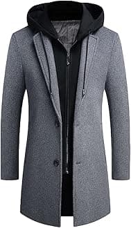 Men's Wool Coat Hoodie Long Trench Coat Cotton Casual Woollen Overcoat Jacket