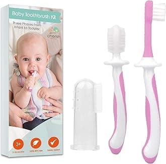 3 Piece Baby Toothbrush Set by Cherish Baby Care - with Infant Finger Toothbrush - Silicone Toothbrush & Toddler Toothbrush - Perfect Babys First Toothbrush Set (Pink)