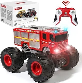 - Remote Control Monster Truck - 1:18 Scale RC Monster Fire Fighter, 2.4GHz Big Wheel School Bus with Lights, Sounds, Rechargeable Electric Toy Stunt Jam Car for Kids, Boys, Girls (Fire Truck)