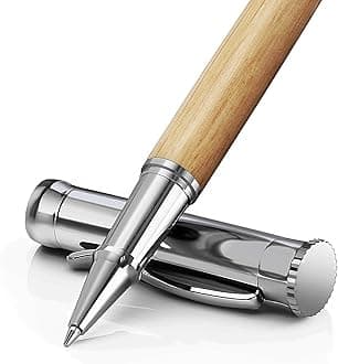 WEMATE Luxury Rollerball Pen Set, Extra 2 Ink Refills(1 Black & 1 Blue), Fancy Writing Pen Nice Office Gift for Men, Professional, Executive, Cool Wooden Pen for Journaling - Oak