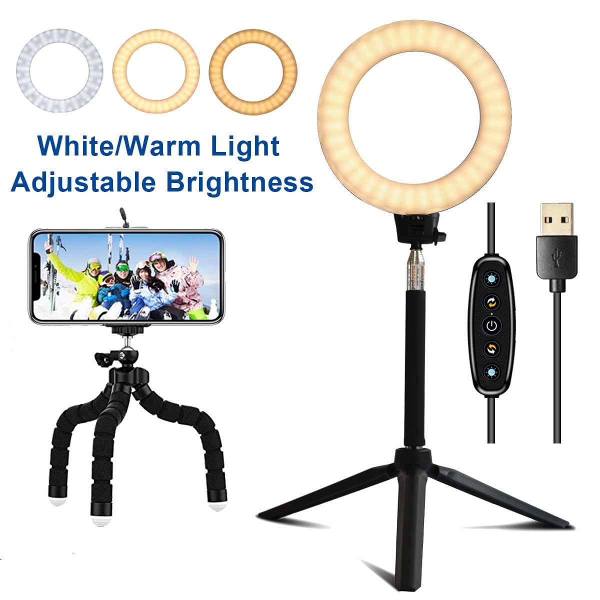 LED Ring Light - Lambony Standing Ring Light Eith Stand 6500K Dimmable with Tripod Stand Selfie Stick, Ring Make Up Light, Selfie, Vlog, Live Stream, Youtube, Phone Video Shooting[USB Plug]