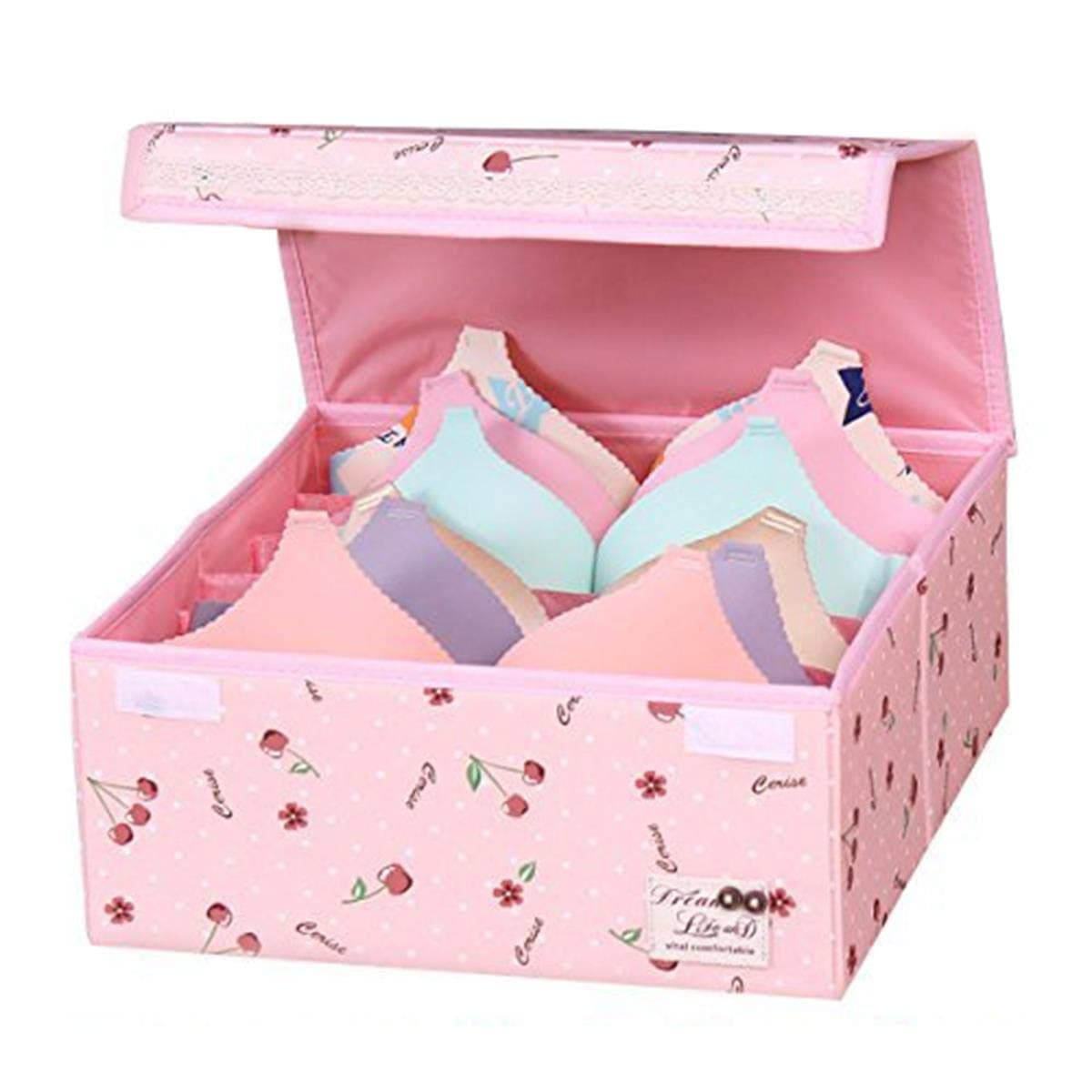 Designed for Bras 6 Grid Foldable Bra Storage Box with Dust-Proof lids Washable Bra Closet Storage Organizer Drawer Units (Bra Box-can Store 6Pcs Bras, Cherry)