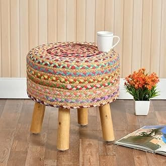 Sitting Solutions for Home - Wooden Frame Round Ottomans | Ottoman for Living Room | Bedroom, Study & Makeup Table | 16x16x18 Inch (Jute-Mix-Color)
