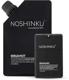 Noshinku Bergamot Pocket Hand Sanitizer Refill Kit: Refill Pouch + Sprayer Bundle | Organic Antibacterial Sanitizing Mist with Moisturizing Oils | FDA Registered | 70% Sugarcane Derived Alcohol