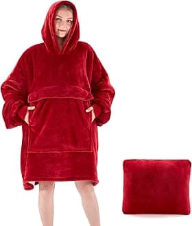 Touchat Wearable Blanket Hoodie, Oversized Sherpa Blanket Sweatshirt with Hood Pocket and Sleeves, Super Soft Warm Comfy Plush Hooded Blanket for Adult Women Men, One Size Fits All (Wine)