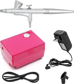 Airbrush Makeup Set Pinkiou Air Brush Kit for Face Paint with Mini Compressor 0.4mm Needle and Nozzle Nail Body Paint SP16 (RED)