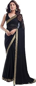 SIRIL Women's Georgette Lace Saree With Unstitched Blouse Piece