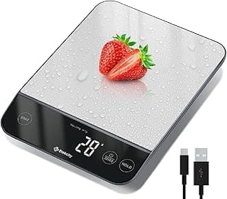 Etekcity 10kg Digital Kitchen Scales,Waterproof, USB Rechargeable Food Scales with LED Display,Hold&Tare Function for Cooking,Weight Loss,Stainless Steel