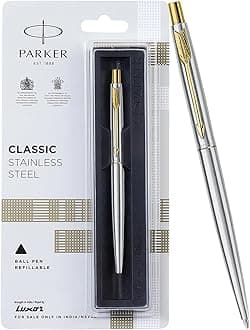 Parker Classic Stainless Steel Gold Trim Ball Pen | Blue Ink | Ballpoint Pen for Smooth Writing | Elegant Design and Great for Gifting or Celebrations