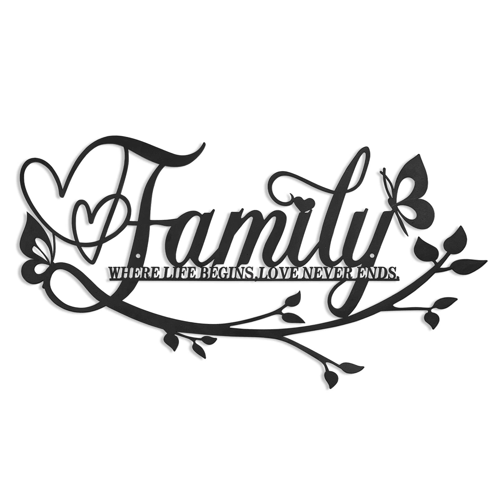 AUHOKY Family Where Life Begins Love Never Ends Word Sign Metal Wall Decor, Black Home Decor Wall Art Decorations, Letters Quotes Sign for Living Room Bedroom Kitchen Indoor Outdoor Decor(Black)