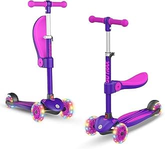 KS3 Kids Kick Scooter, LED Lighted Wheels, Adjustable Height Handlebars and Removable Seat, Lean-to-Steer & Widen Anti-Slip Deck, 3 Wheel Scooter for Kids Ages 2-8 and up to 110 Lbs