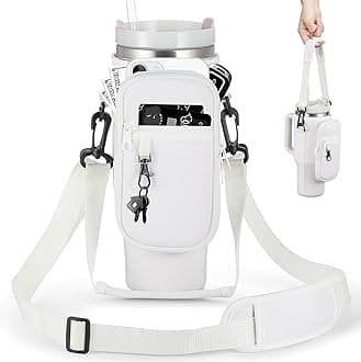 Water Bottle Carrier Bag with Phone Pocket for Stanley 40 & 30 oz Tumbler with Handle,Pink Insulated Neoprene Cup Holder Pouch w/Adjustable Strap for Quencher H2.0 Stanley Cup Accessories