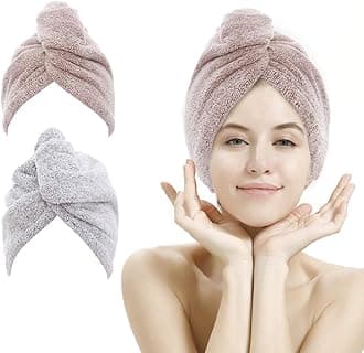 2 Pack Hair Towel Wrap,Rapid Carbon Fiber Hair Drying Towel with Buttons, Microfiber Hair Towel for Drying Curly Hair,Anti-frizz (Star Gray&Star Pink)