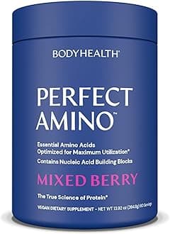 BodyHealthPerfectAmino Powder Mixed Berry (60 Servings) Best Pre/Post Workout Recovery Drink, 8 Essential Amino Acids Energy Supplement with 50% BCAAs, 100% Organic, 99% Utilization