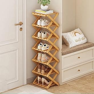 Foldable Shoe Rack, Bamboo Vertical Shoe Organizer Tall for Small Spaces. Multifunctional Narrow Shoe Shelf for Entryway, Closet, Corner, Bedroom, Hallway, Wood Color 7 Layers
