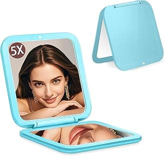 Small Compact Mirror for Purse,5X/1X Travel Magnifying Mirror for Women, Makeup Mirror for Girls, Portable Ultra Slim Pocket Mirror（Light Blue）